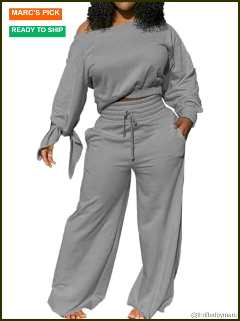 Two Piece Sweatsuit Set Off Shoulder Sweatshirt Wide Leg Palazzo Pants Pockets